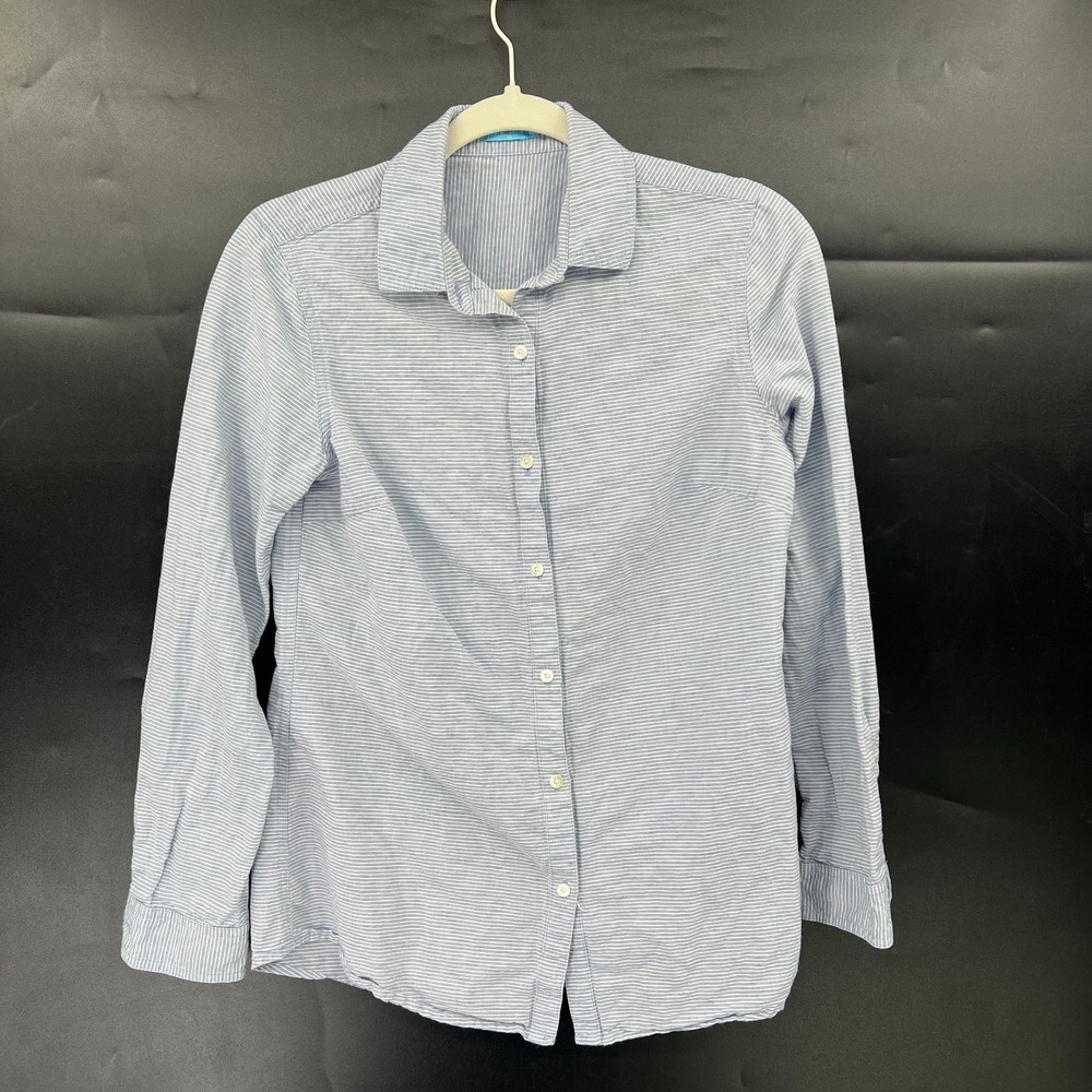 J. Mclaughlin blue white striped cotton linen button up shirt preppy coastal XS